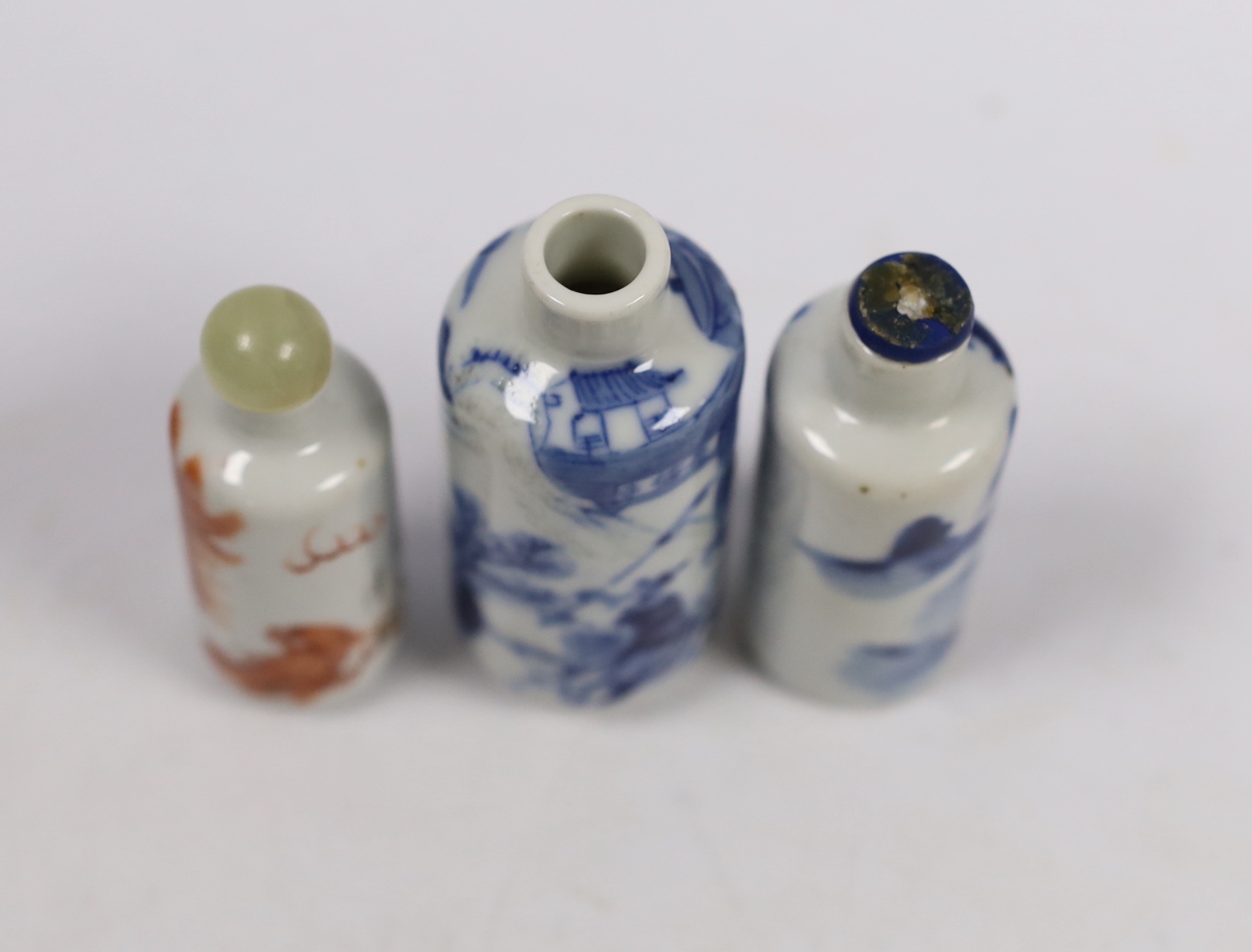 Three late 19th century Chinese porcelain snuff bottles, tallest 8cm